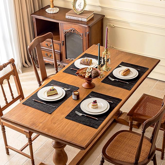 KXN Placemats Set of 4, Dual-Layer Thickened Faux Linen Table Mats, Heat Resistant & Wrinkle-Free, Machine Washable Cloth Place Mats for Kitchen Dining Indoor Outdoor (Black)