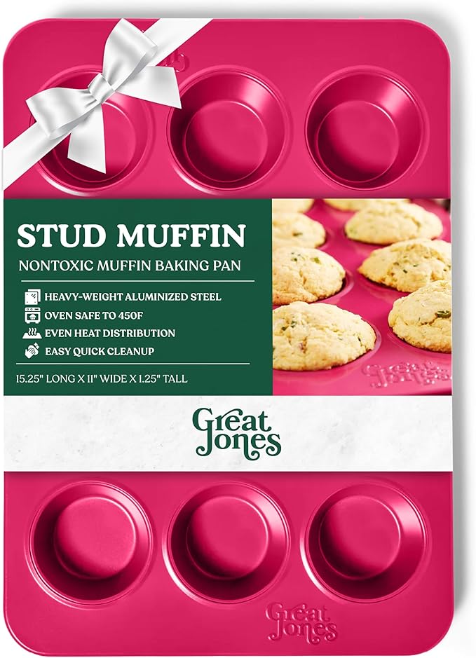 Great Jones Stud Muffin (Raspberry) | Nonstick 12-Cup Muffin Pan | Dual-Layer Nonstick Coating | Chemical-Free & Nontoxic | Oven-Safe to 450°F | Warp-Resistant & Easy Cleanup