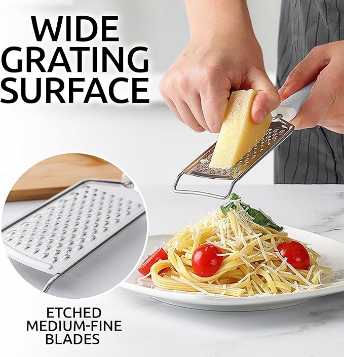 Zulay Kitchen Professional Cheese Grater Stainless Steel - Durable Rust-Proof Metal Lemon Zester Grater With Handle - Flat Handheld Shredder for Parmesan, Chocolate, Spices, And More - White
