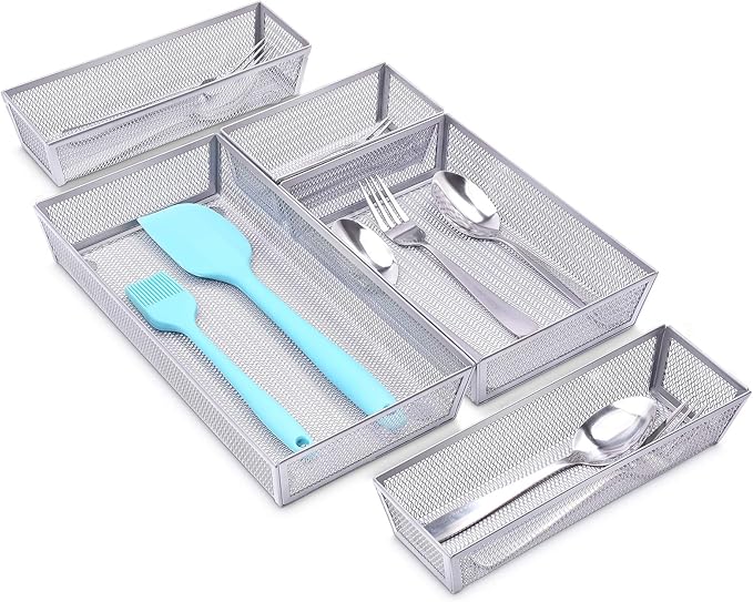 WuGeShop Mesh Silverware Tray Drawer Organizer, Kitchen Utensils Flatware with Anti-slip Mats, Silverware Storage Cutlery Tray for Knives Fork Spoon (5 Separate Compartments, Silver)