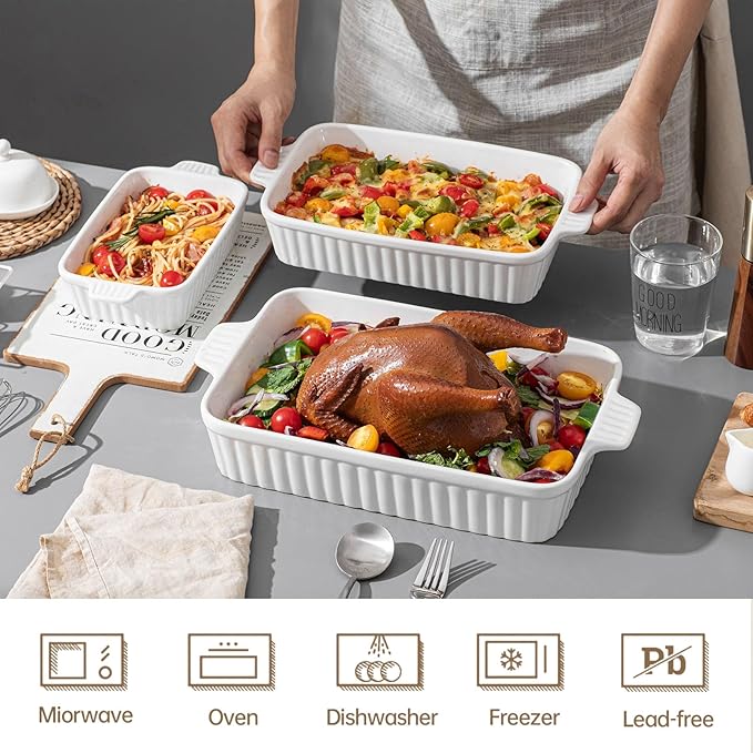 Casserole Dishes for Oven, Ceramic Baking Dishes, Porcelain Bakeware Set of 4, Rectangular Baking Pan, White Deep Lasagna Pan with Handle for Cooking, Roasting, Cake, 15.3"/12.8"/11.6"/9.8"