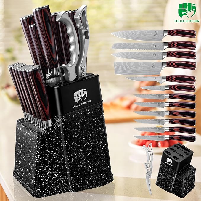FULLHI 14pcs Block Knife Set, Chef's Knife Steak Knives Set with Block and Sharpener, Kitchen Knife Set, Multi-colour Handle, Gifts for Men Women