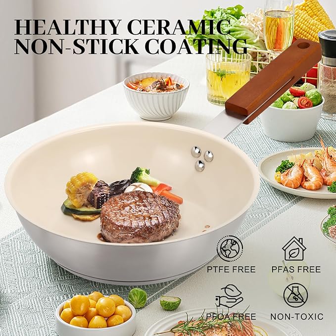 MARSKITOP Nonstick Frying Pan, 8 Inch Stainless Steel Fry Pan with Ceramic Coating and Wooden Handle, Healthy Non Toxic Skillet, Induction Compatible, PFOA Free