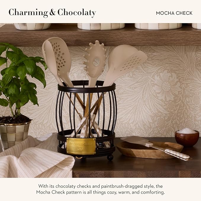 MACKENZIE-CHILDS Slotted Spoon, Silicone Turner for Cooking, Brown-and-White Mocha Check