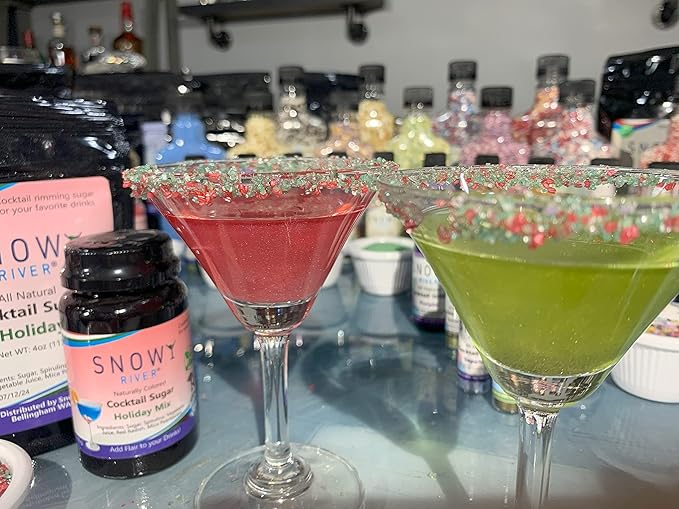 Snowy River Holiday Cocktail Sugar - Naturally Colored Red, White & Green Festive Cocktail Rimmer, Beverage Rimmer, Margaritas, Kosher (Holiday, 3oz Gift Bottle)