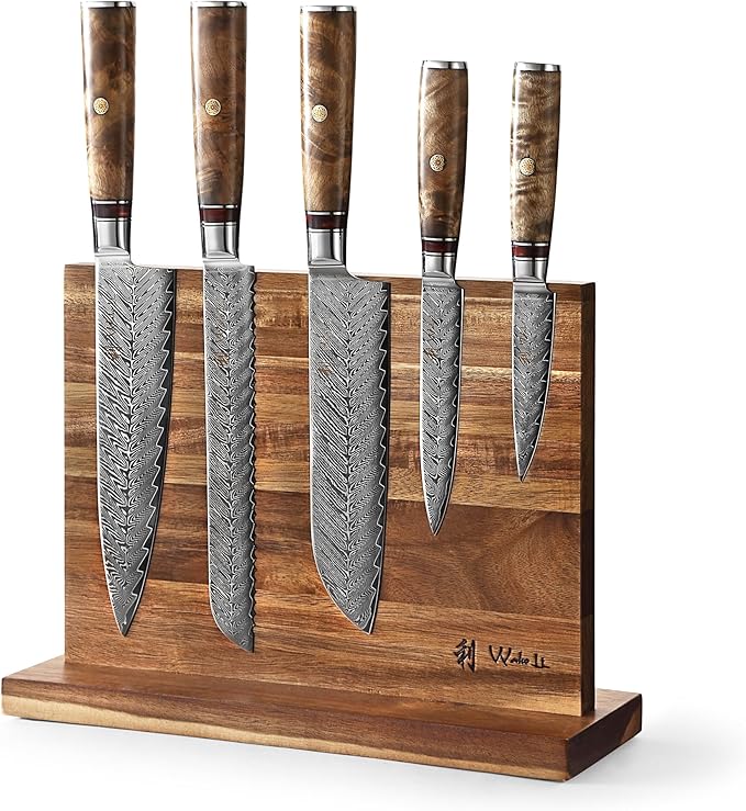 Wakoli Damascus Chef Knife Set with Magnetic Block – 5-Piece Professional Kitchen Knife Collection | Genuine 67-Layer Damascus Steel Blades with VG10 Core | Ergonomic Sycamore Wood Handles