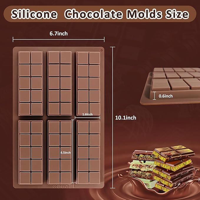 Silicone Chocolate Bar Mold - Non-Stick Durable Deep Dubai Chocolate Molds for Candy Bars, Dubai Pistachio, Energy & Protein Bars (10 Snap), Dishwasher Safe
