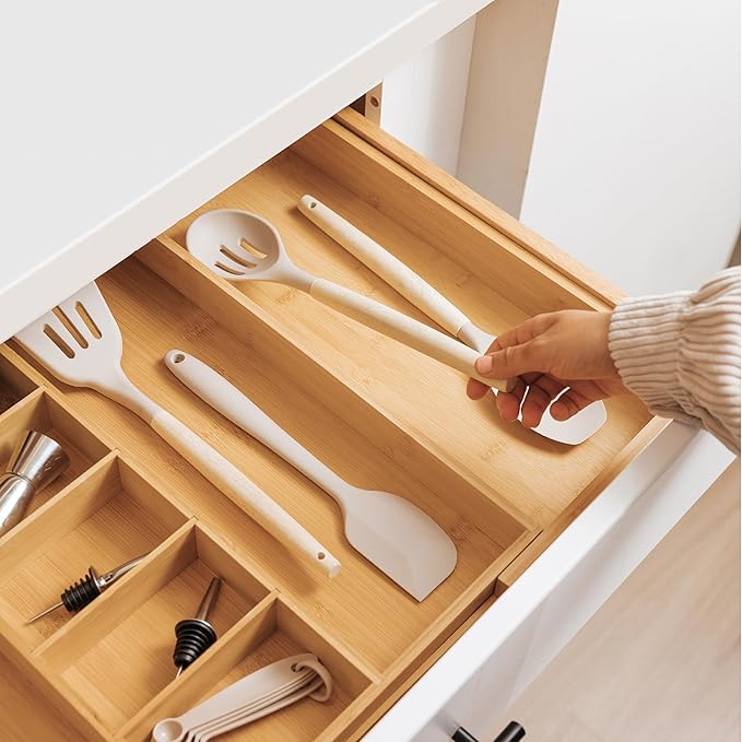 KitchenEdge Adjustable Kitchen Drawer Organizer for Utensils and Junk, Food-Safe Contract Grade with 100% Sustainable Wood, Expandable from 19 to 33 Inches Wide - Natural Bamboo