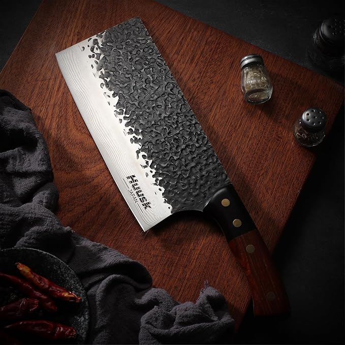 Huusk 7.5" Meat Cleaver Knife - Hand-forged Butcher Knife High Carbon Steel Kitchen Knives with Damascus Texture, Full Tang Japanese Knives with Wood Handle, Gift for Father's Day