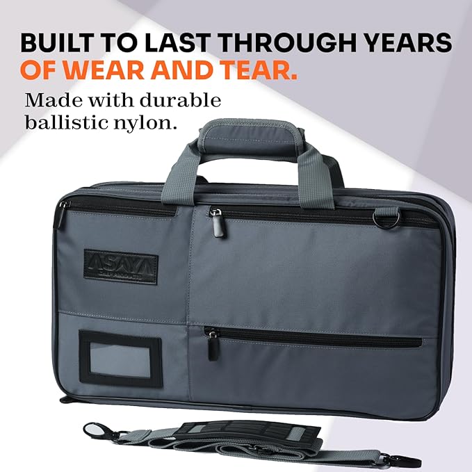Asaya Chef Knife Bag - 28 Pockets for Knives and Kitchen Utensils - Durable Ballistic Nylon, Black Stainless Steel Hardware, Card Holder and Adjustable Shoulder Strap - Knifes not Included