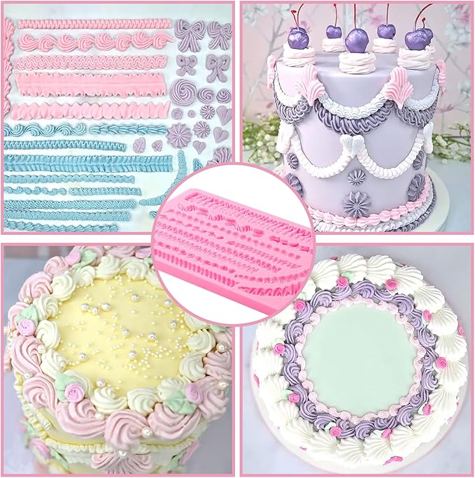 Lambeth Borders Silicone Mold, Whipped Cream Cake Decoration Fondant Molds, for Birthday Parties, Baby Showers, Thanksgiving Cupcake Toppers, Mousse, Cookies, Candy, Gum, Clay, Resin Crafts
