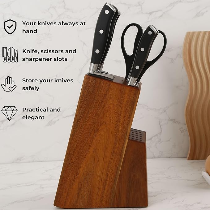 Kitchen knife holder elegant & sturdy (15 slots). Universal knife block with slots for knives, scissor and sharpenner. Knife Block without Knives. Kitchen knife holders for counter top. (Acacia)