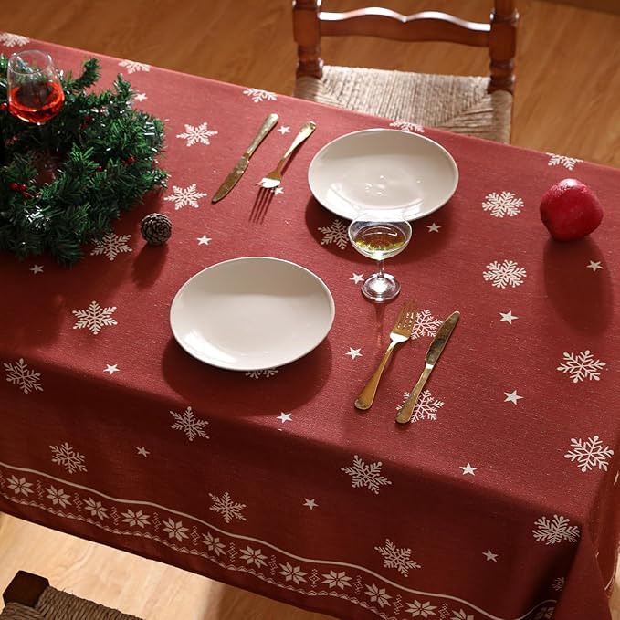 ISAENNE Designer Christmas Red Table Cloth for Rectangle Table,Linen Tablecloth with Snowflakes Pattern,Wrinkle Resistant Decor Tablecloths for Dining Kitchen Thanksgiving,55"*79"-Carol C