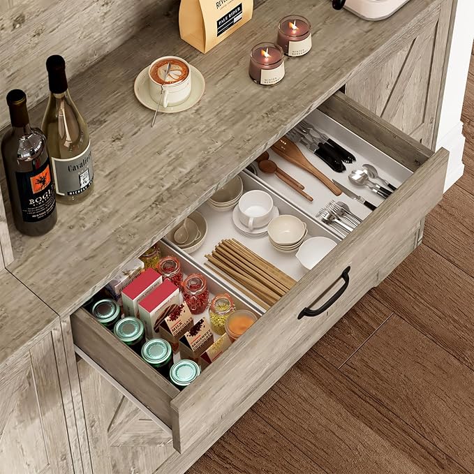 71" Kitchen Pantry Cabinet with Charging Station, Buffet Sideboard for Coffee Maker & Toaster, Storage Cabinet for Snacks, Spices & Wine, Fits Kitchen, Dining Room & Coffee Bar，Grey