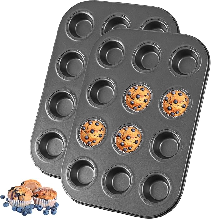 Mini Muffin Pan 2-Pack, Premium Small Cupcake Pans, Carbon Steel 12-Cup Muffin Tin, Versatile Non-Stick Bakeware