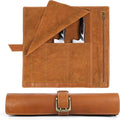 ELIZO Leather Knife Roll Bag Professional Chef Knife Case, Durable Knife Sheath Holder, Cooks & Culinary Tools Carrying Storage, Portable Knife Wrap - 4 Slots (Palomino)