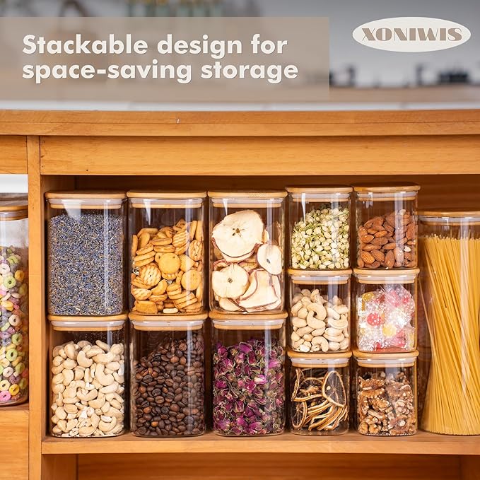 37oz 4PCS Glass Storage Containers with Lids, Glass Jars with Lids Pantry Food Storage Jars, Square Canister For Cookie, Nuts, Snack, Cereal, Candy, LeafTea, Coffee, Spice