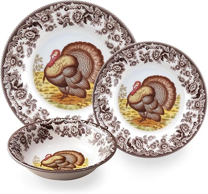 Spode Woodland 3-Piece Thanksgiving Dinnerware Set - Porcelain Plates & Bowl, Fall Dinnerware Collection - Microwave & Dishwasher Safe - Elegant Autumn Tableware