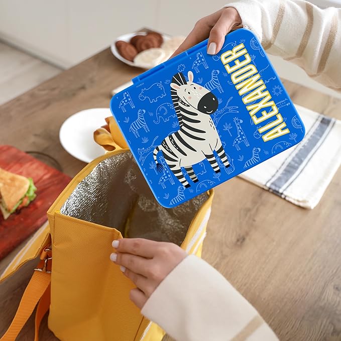 Personalized Bento Box for Kids with Safari Icon and Name - Royal Blue - 5 Compartments Drop-Proof Bento Box, Dishwasher Safe, Made with BPA-Free Materials, Bento Lunch Box for Kids and Toddlers