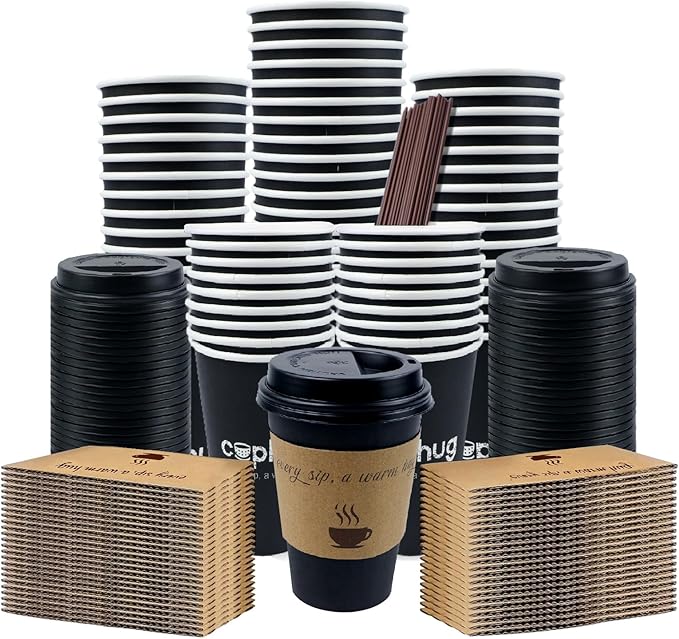 100 Pack 12 oz Coffee Cups,Disposable Hot Drink Paper Cups with Lids & Sleeves -12 Ounce Black Party Cups Perfect for Hot Beverages, Party, Office,and Home Use