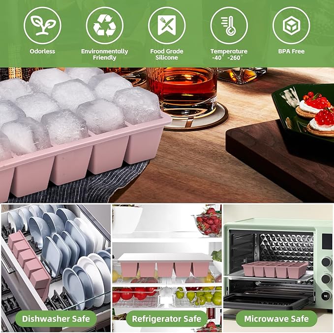 FANYITY Bpa Free Silicone Ice Cube Trays 4-Pack with Locks lids,Easy Release Ice Molds for Freezer,Perfect for Cocktails, Whiskey, Coffee