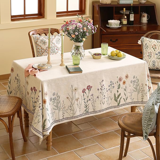ISAENNE Designer Off White Linen Long Rectangle Tablecloth,Floral Elegant Table Cloth,Stain Resistant Vintage Decor Tablecloths for Dining Thanksgiving Kitchen Christmas,63"*102"-Serenity G