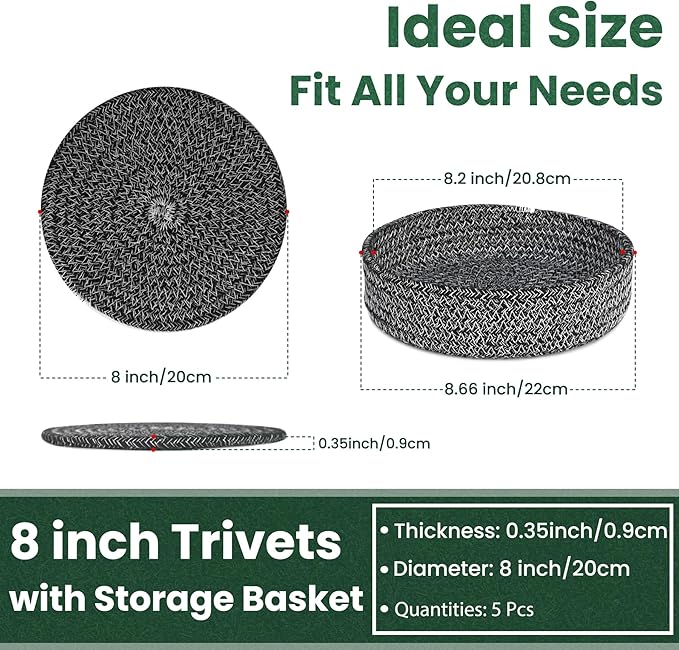 8 Inch Trivets for Hot Dishes, Hot Pots and Pans, Thick Heat Resistant Large Coaster for Kitchen, Hot Pads, Kitchen Essentials, Kitchen Decor for Table & Countertop with Storage Basket, 5 Pcs