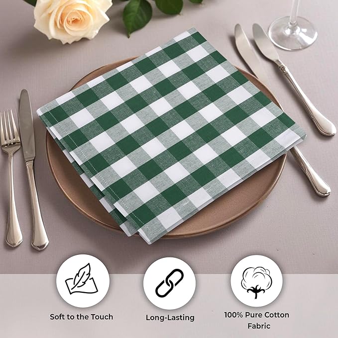 Urban Villa Cotton Dinner Napkins Set of 6, Highly Absorbent 20x20 Inches Premium Cloth Napkins Hotel Quality Reusable & Washable Table Dinner Napkins for Home & Weddings - Hunter Green/White, Checks
