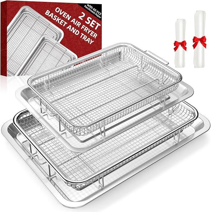 Air Fryer Basket for Oven, 2 Set Oven Air Fryer Basket and Tray with 60 PCS Parchment Papers, DEGOVIN Crisper Tray Non-stick Stainless Steel Air Fry Pans for Convection Oven(15.8" × 11" & 13" × 9.7")