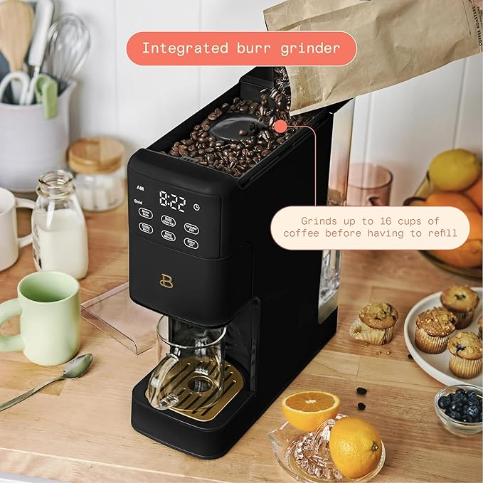 Beautiful Perfect Grind Programmable Single Serve Coffee Maker with Touch Display and Integrated Burr Grinder, Auto Coffee Strength Selection, 64oz Water Reservoir (Black Sesame)
