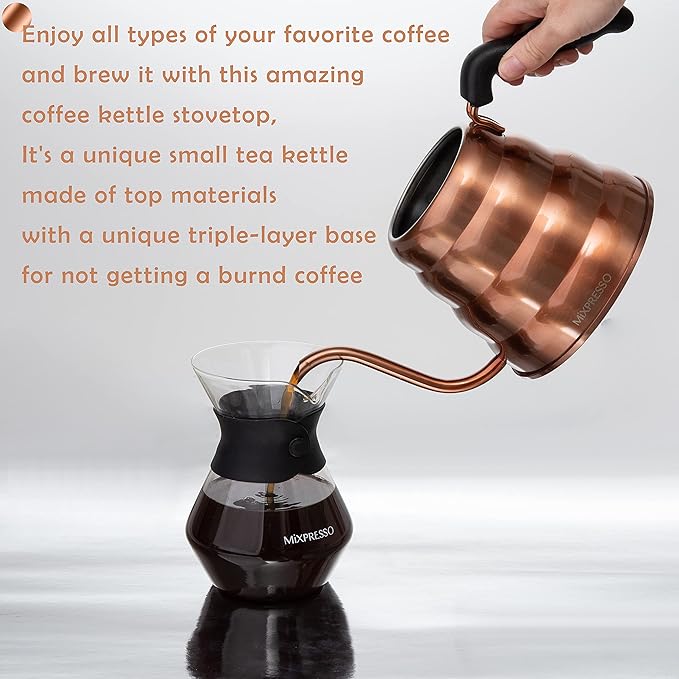 Mixpresso Gooseneck Pour Over Coffee Kettle, Barista Pour Control Design For Coffee & Tea High-Grade Stainless Steel 1.2 Liter (40 Oz) Drip Coffee Induction Cooker, Copper Stovetop Kettle