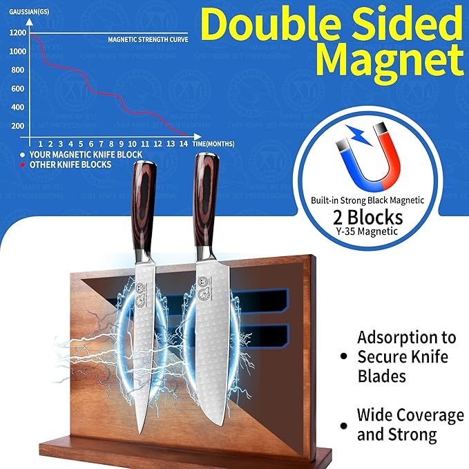 XYJ Extra Large Magnetic Knife Block Acacia Wood Knife Set Holder Stand With Stronge Magnetic Strip Kitchen Knives Storage Rack Organizer Tools No Drilling
