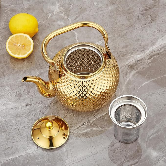 SANQIAHOME 1500ml teapot with Infuser stainless steel Water Boilers lifting handle Tea Maker Water Kettle for Induction/Gas gold