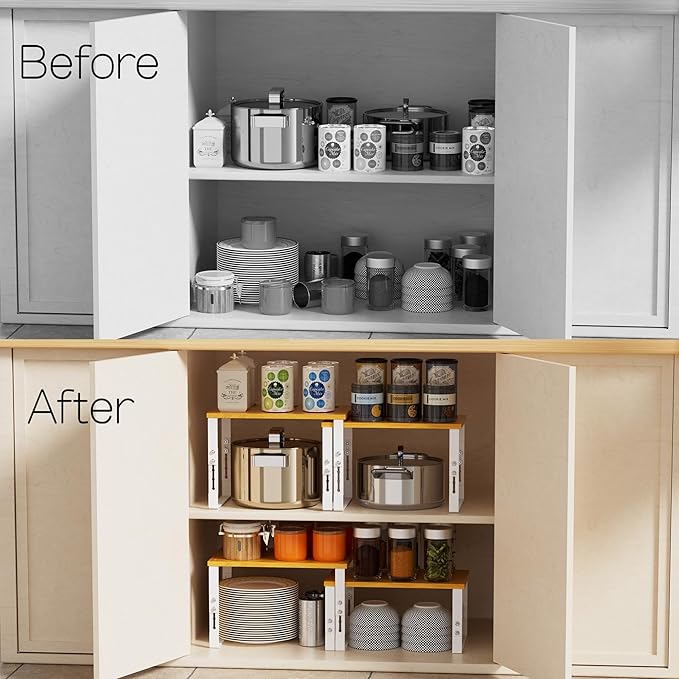 Adjustable Storage Shelves for Kitchen Cabinet Organization - Set of 2 Stackable Metal & Solid Wood Racks, Space-Saving Design for Countertop/Pantry/Garage, Easy Assembly(1 Pack/Large/White)