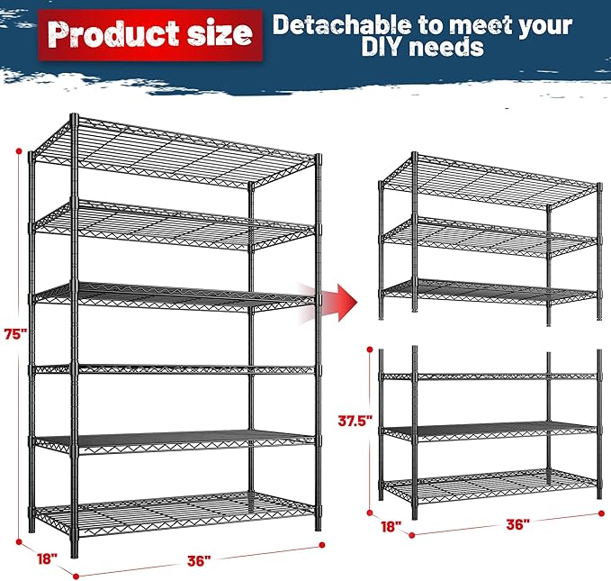 6 Tier Storage Shelves 75H Adjustable Metal Shelving Rack, 1200LBS Wire Shelving Rack for Storage Unit, Metal Shelves for Pantry Shelves, Garage, Kitchen, 75" Hx 36" Wx 18" D