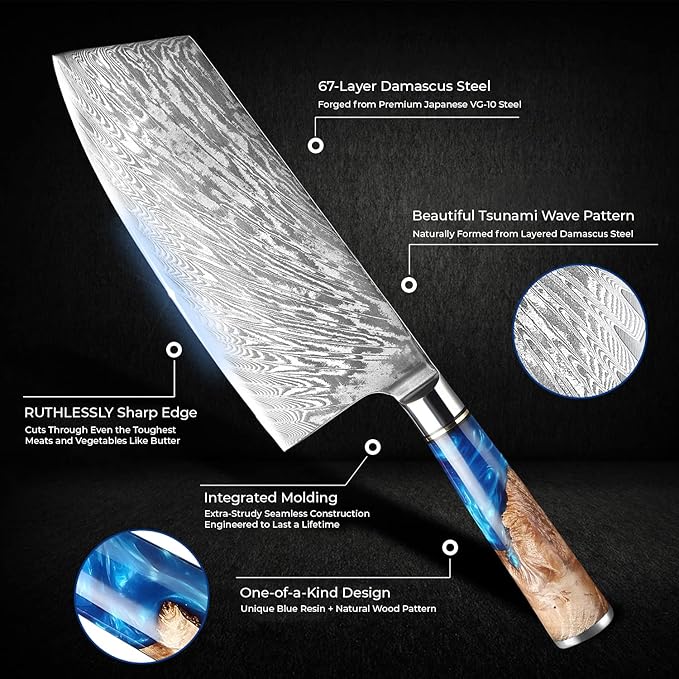 SENKEN Damascus Steel Cleaver Knife - Tsunami Collection - 67-Layer Japanese VG10 Steel - Unique Blue Resin & Natural Wood Handle, Razor Sharp, Beautiful Damascus Wave Pattern (7.5" Cleaver Knife)
