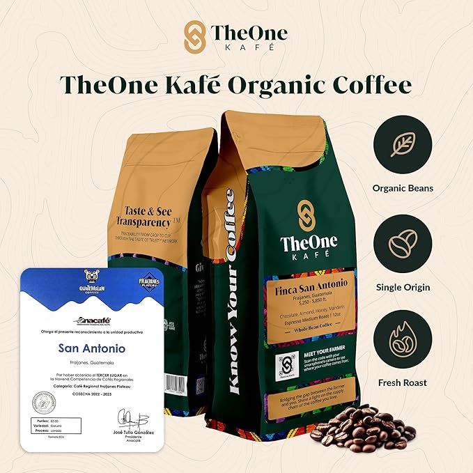 TheOne Kafé Guatemala Medium Roast Whole Bean Coffee – Organic, Single Origin, Premium Specialty Coffee, Ethically Sourced, Smooth & Rich Flavor – Fresh Roasted for Espresso, Drip, Pour Over – 12 oz