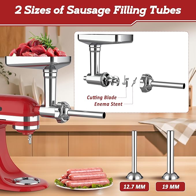 Meat Grinder Pasta Maker Attachment for Kitchenaid Stand Mixers,Set for Kitchenaid Mixer Attachments Includes Metal Food Grinder with Sausage Stuffer Tubes,3 in 1 Pasta Attachment with Dough Cutter