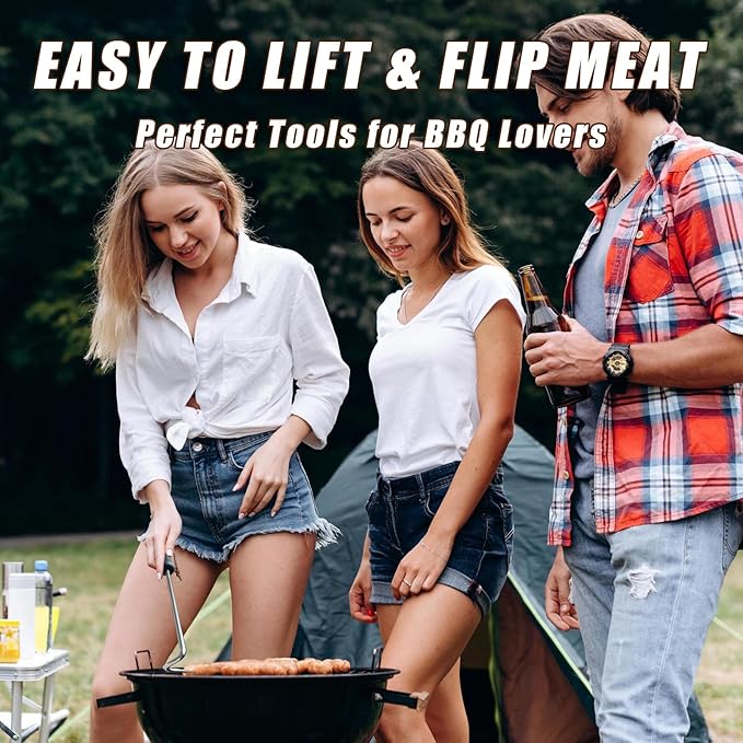 2Pcs Food Flipper Turner Hooks Stainless Steel BBQ Meat Hooks Cooking Barbecue Turners Hooks Grill Accessories with Handle for Grilling & Smoking