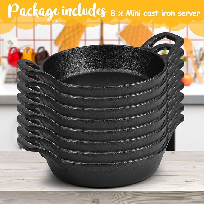 Mini Cast Iron Skillets 6.3 x 6.3 x 1.5 Inch Cast Iron Pan Small Ramekin Set Black Casserole Dish Cookware Oven Safe Mini Skillets for Kitchen Indoor Outdoor Picnic (8 Pack)