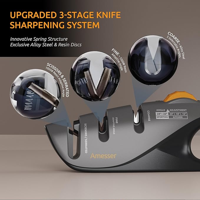 5-Angle Adjustable Knife Sharpener for Kitchen Knives, Scissors & Pocket Knives – Precision 15°-24° Sharpening with Coarse & Fine Slots, Non-Slip Base & Ergonomic Handle, Safe & Easy to Use