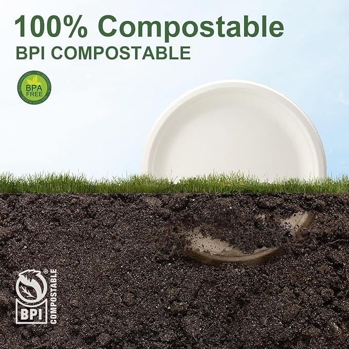 WELLIFE 10 Inch Paper Plates, 125-Pack 100% Compostable Heavy Duty Disposable Plates Bulk, Biodegradable Bagasse, Eco-Friendly, PFAS-Free | BPI Certified | Microwaveable