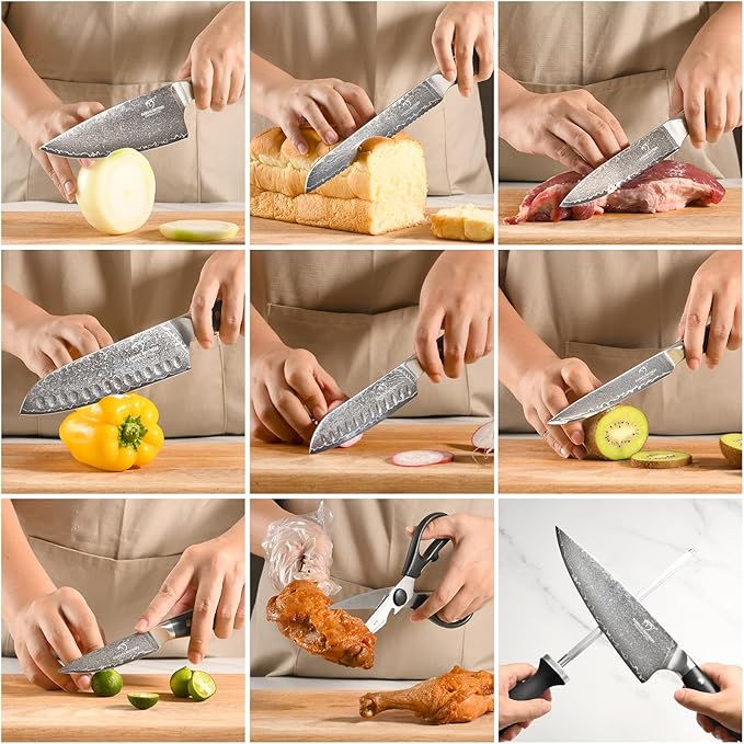 Damascus Knife Set with Block for Kitchen, VG10 Steel Chef Knife Set with Triple-Rivet Handles, Knife Sharpener, Natural Ash Wooden Knife Block, 10PCS