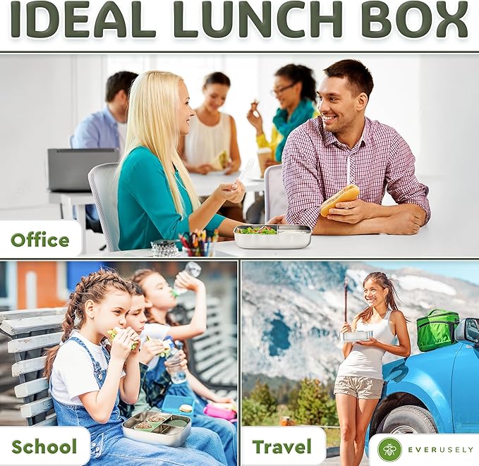 Everusely - Bento Box - Sage, 60oz / 1.8 L - Stainless Steel Lunch Box with Leakproof Condiment Container - 3 Compartment Snack Organizer for On the Go Meals - Freezer & Dishwasher Safe