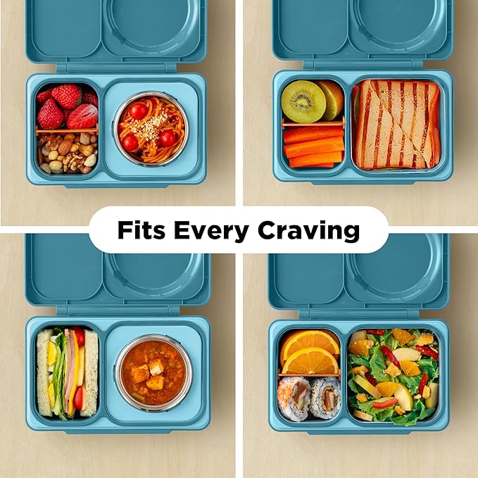 Omie OmieBox UP bento Box for Kids | Insulated Lunch Box | Leak Proof Vacuum Insulated Thermal Food jar | Cooler ice Pack | 2 Compartments (Teal Green)