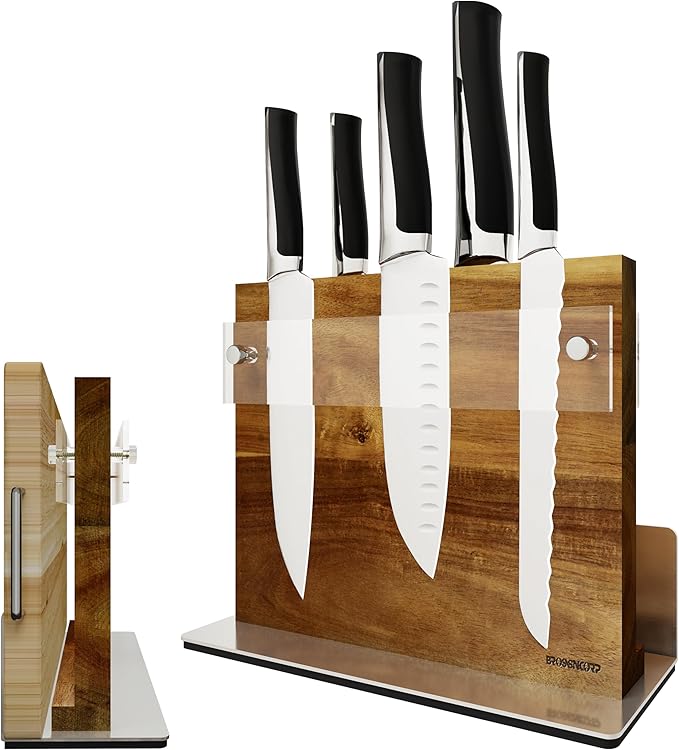 Acacia Wood Magnetic Knife Block Stand with Thickened Acrylic Shield - Double-Sided Powerful Magnet Holder for 10+ Knives, Anti-Slip Base & Space-Saving Design