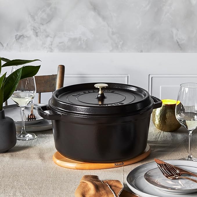 STAUB Cast Iron Dutch Oven 7-qt Round Cocotte, Serves 7- 8, Made in France, Black Matte