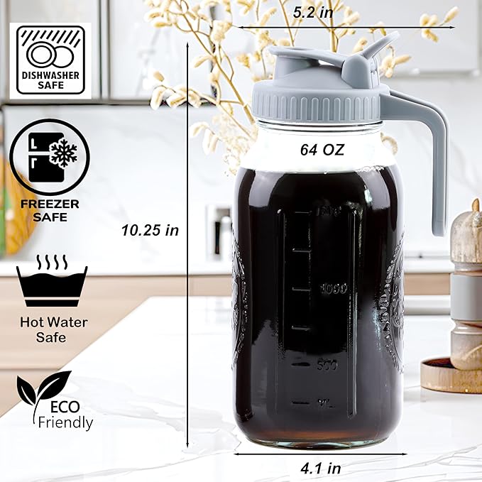 Cold Brew Coffee Maker 64 Oz Mason Jar Cold Brew Pitcher With Strainer Half Gallon Wide Mouth Glass Iced Coffee Maker With Spout Lids 2 Quart Glass Pitcher For Fridge, Sun Tea, Lemonade, Cold Brew