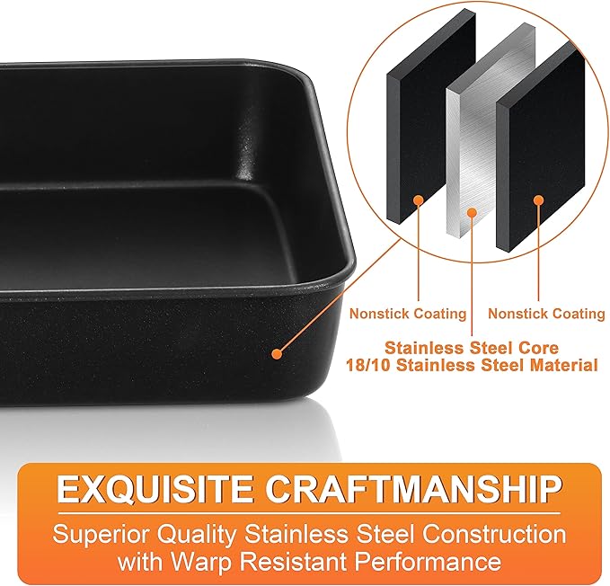 Herogo Deep Baking Pan Set of 2, 8 X 10.5 Inch Non-Stick Sheet Cake Pan for Oven, Rectangle Stainless Steel Lasagna Brownies Casseroles Cakes Bakeware, Oven Safe