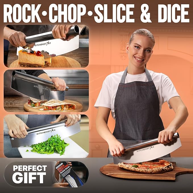 KitchenStar 14-Inch Pizza Cutter Rocker Blade - Sharp Stainless Steel Slicer Knife, Protective Cover, Dishwasher Safe, Large - Professional Pizza Oven Accessories